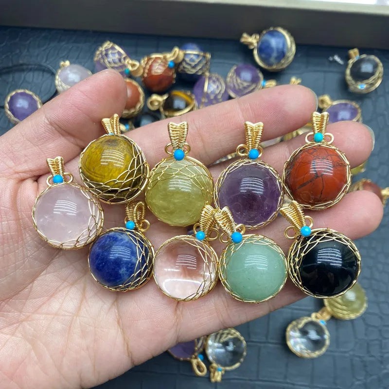 Handmade Amethyst Round Gemstone Beads Point Pendant Necklace Wire Wrapped Ball Pendant Handmade Crystal Beads Pendant Necklace