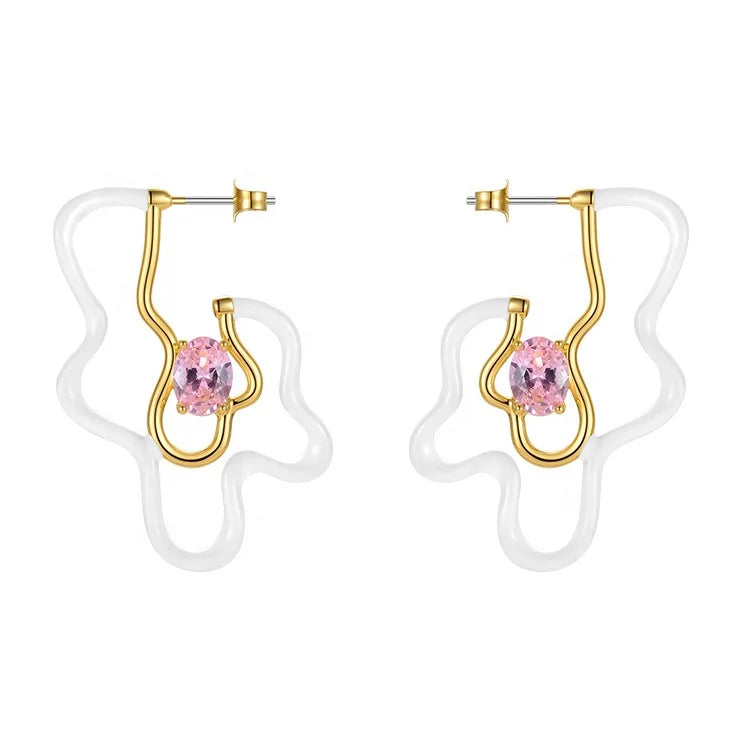 18K Gold Plated Brass Jewelry Irregular Pattern Epoxy Pink Zircon Accessories Earrings E211332