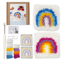 Rug Hooking Mesh Canvas Yarn Kit with Latch Hook for Coaster DIY Rainbow Design Red/White 16x16 cm