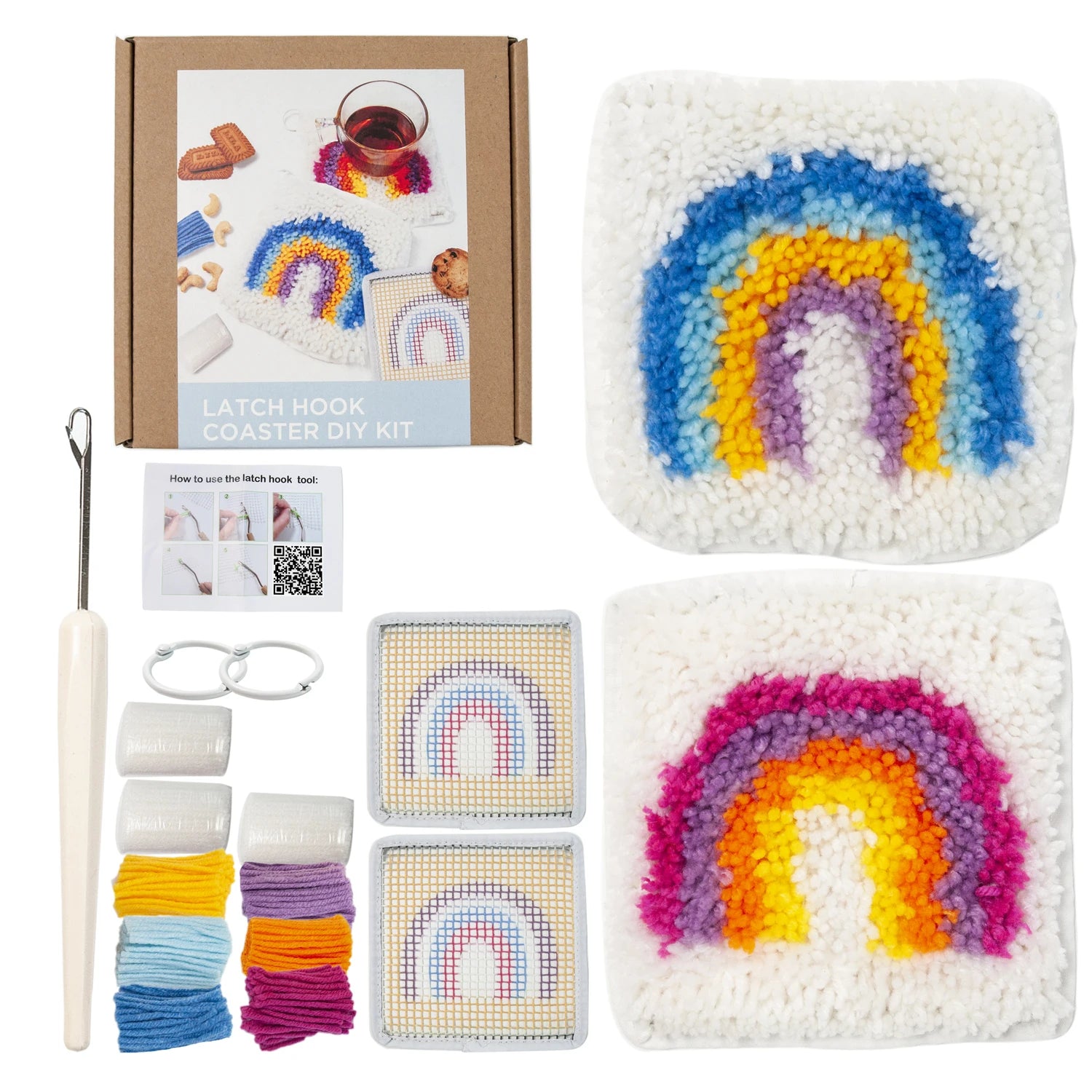 Rug Hooking Mesh Canvas Yarn Kit with Latch Hook for Coaster DIY Rainbow Design Red/White 16x16 cm