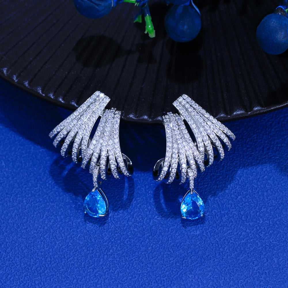 White and Blue Cubic Zirconia Multi Layer Heavy Stone Work Big Statement Long Drop Earrings for Women Wedding Bridal Jewelry