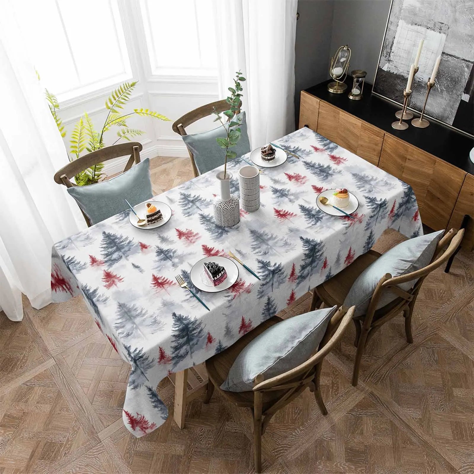 Customized Pattern Holiday Winter Snowman House Christmas Trees Red Washable Table Cover for Party Picnic Dinner Decor