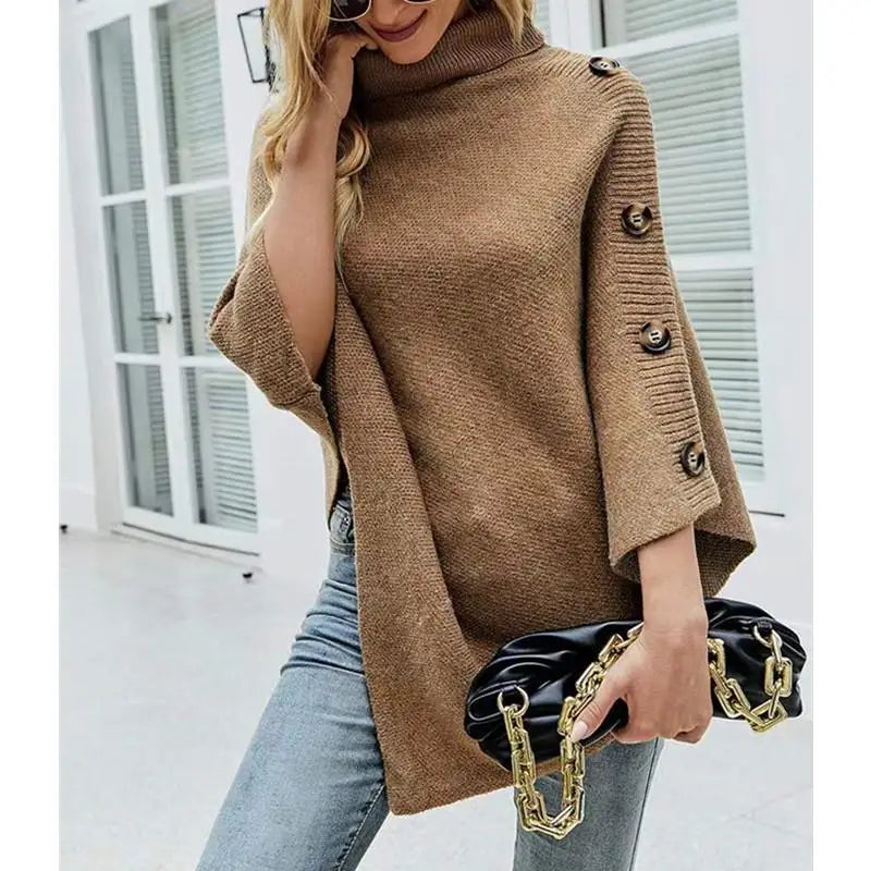 One Size Autumn and Winter New Shawl Cloak Sweater Solid High Neck Knit Coat