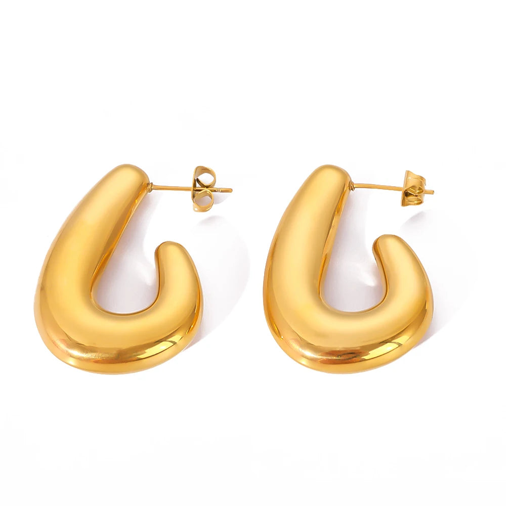 New Arrival 18K Gold Plated Stainless Steel Geometric Jewelry Waterproof Glossy U Shape Chunky Hoop Stud Earrings for Women