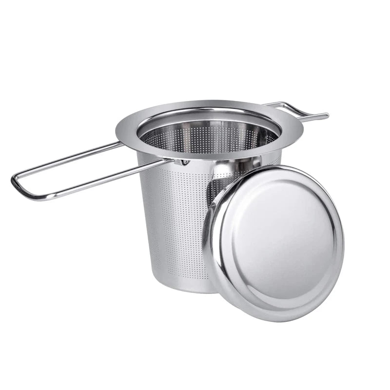 18/8 Stainless Steel Eco-Friendly Extra Fine Mesh Tea Infuser Steeper for Loose Leaf Tea with 2-Foldable Handle Lid for Teapot