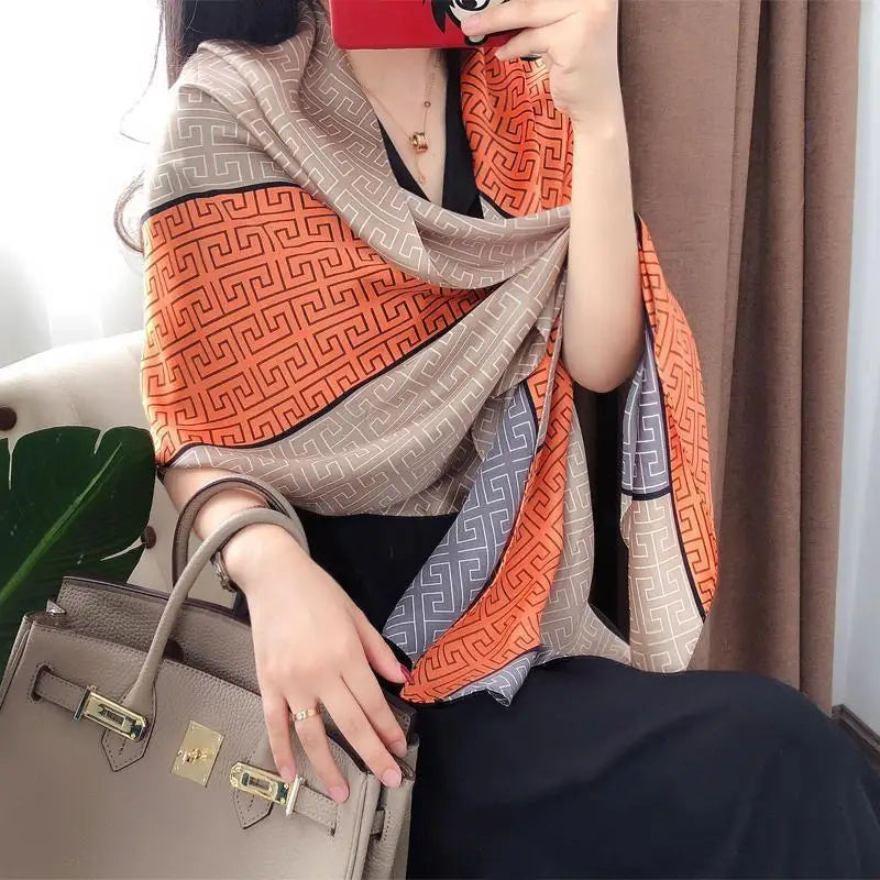2024 Hangzhou Collection Lightweight Real Silk Satin Scarf Long Beach Veil Geometric Pattern Sunscreen Properties Polyester