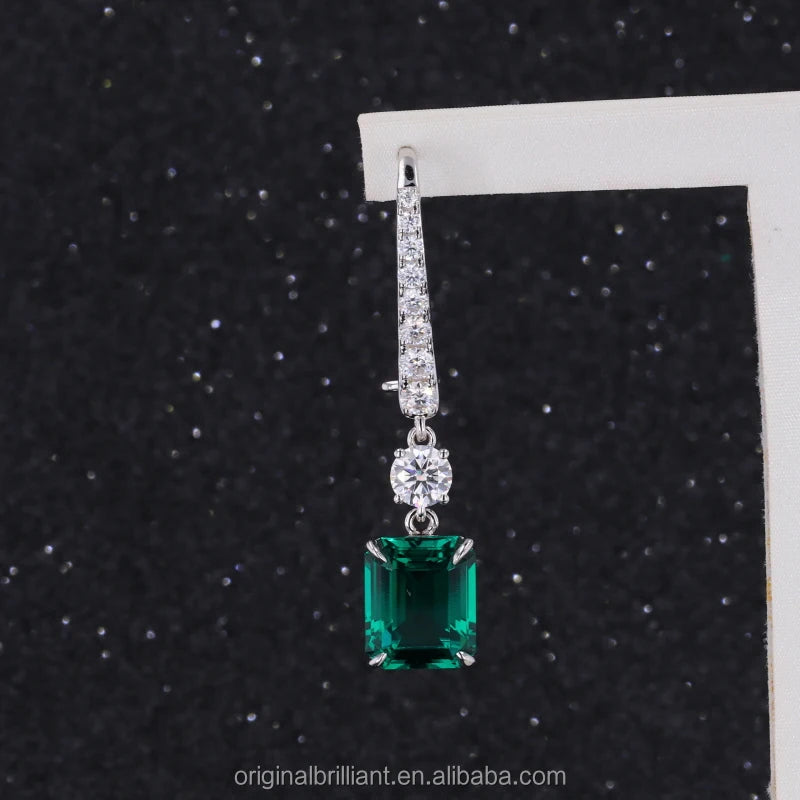 Starsgem Wedding Jewelry Women 14K Gold Emerald Cut Zambia Emerald Gemstone Diamond Drop Dangle Earrings