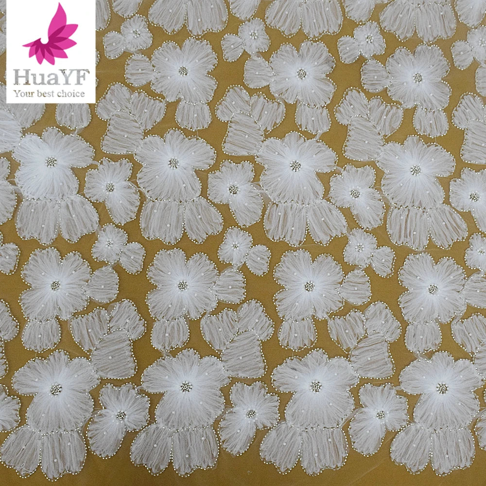 2023 African Coiling Embroidery White 3d Flower Pearls Beaded Applique French Wedding Bridal Lace Dress Fabric HY2365