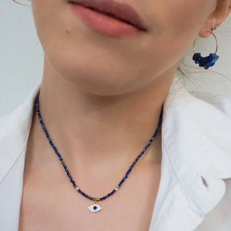 Minimalist Lapis Lazuli Healing Stone Beaded Necklace for Women Men Devil Eye Charm 14K Gold Plated Earring Choker Jewelry Set