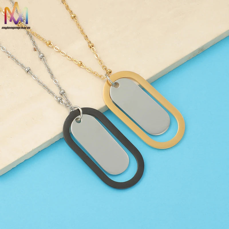 Wholesale High Polished Hip Hop Laserable Custom Tag Geometric Black Gold Plated Double Circle Pendant Necklace
