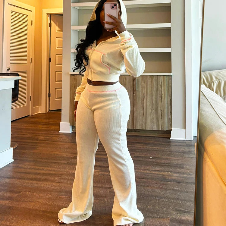 Custom 2 Piece Women Zipper Crop Top Hoodie Tracksuit Streetwear Set Contrast Stitch Waffle Women Sweat Suit Manufacturer