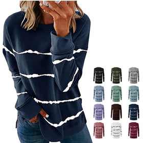 Custom Logo 15 Colors 230g Polyester Autumn Women's Printed French Terry Striped Long Sleeve Shirt Women T-shirt Hoodies