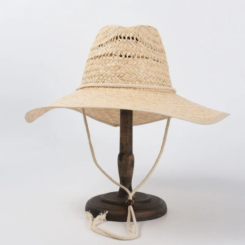 Wholesale Summer New Hollow Design Raffia Straw Sombreros Big Brim Safari Beach Hat Chin Rope for Travel Fishing Outdoor