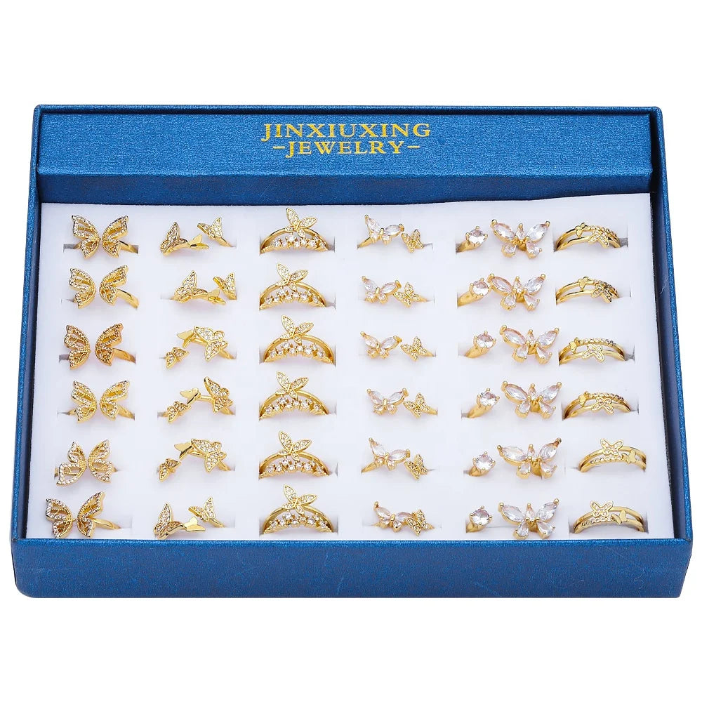 Jxx Wholesale Price Fashion Brass Men and Women Cz Rings Elegant butterfly Inlaid Zircon Gold Plated Ring for Women