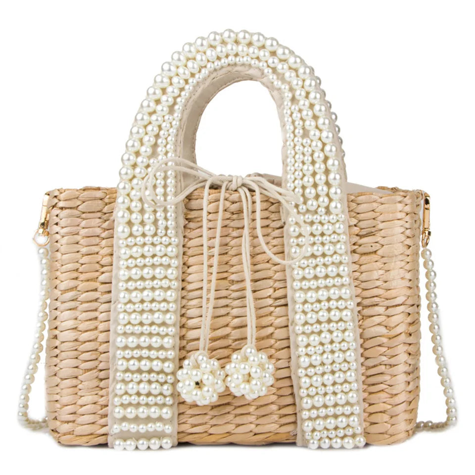 Wholesale 2023 Summer Luxury  New Pearls Straw Basket Beach Tote Bag for Women Lady Outdoor Beach Travel Dress