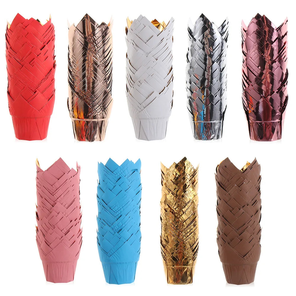 Wholesale 3.5 oz 50 PACK Gold Tulip Cupcake Liners Baking Paper Cups Aluminum Foil Tulip Style Cupcake Cups Muffin Baking Cups
