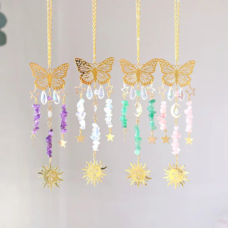 Butterfly Sun Catcher Handmade Garden Pendant Butterfly Car Pendant Gemstone Gravel Wind Chime Aurora