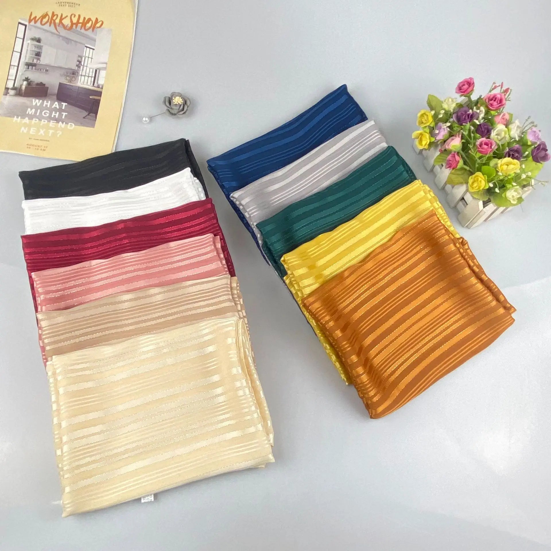 MIO Elegant Solid Color Striped Satin Thin Scarf Malaysian Muslim Women Chiffon Turban 180*70cm Plain Custom Shawl Headscarf