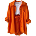 2025 Summer New Women Casual Fashion Long Sleeve Shirt High Waisted Shorts Two Piece Set (white Liner Not Included)