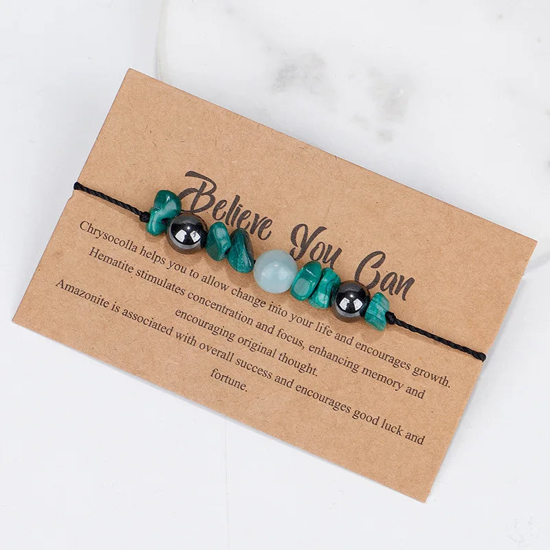 Handmade Natural Gem Stone Bracelet Best Wishes Believe You Can Irregular Crystal Stretch Chip Bead Stainless Steel Couple's