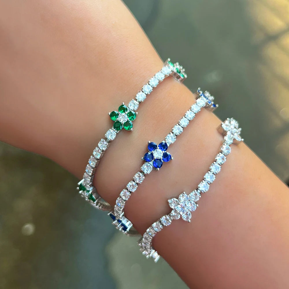 Beautiful Jewelry Blue Green White Cubic Zirconia Flower Adjustable Chain Link Bracelets for Women Summer Party Engagement