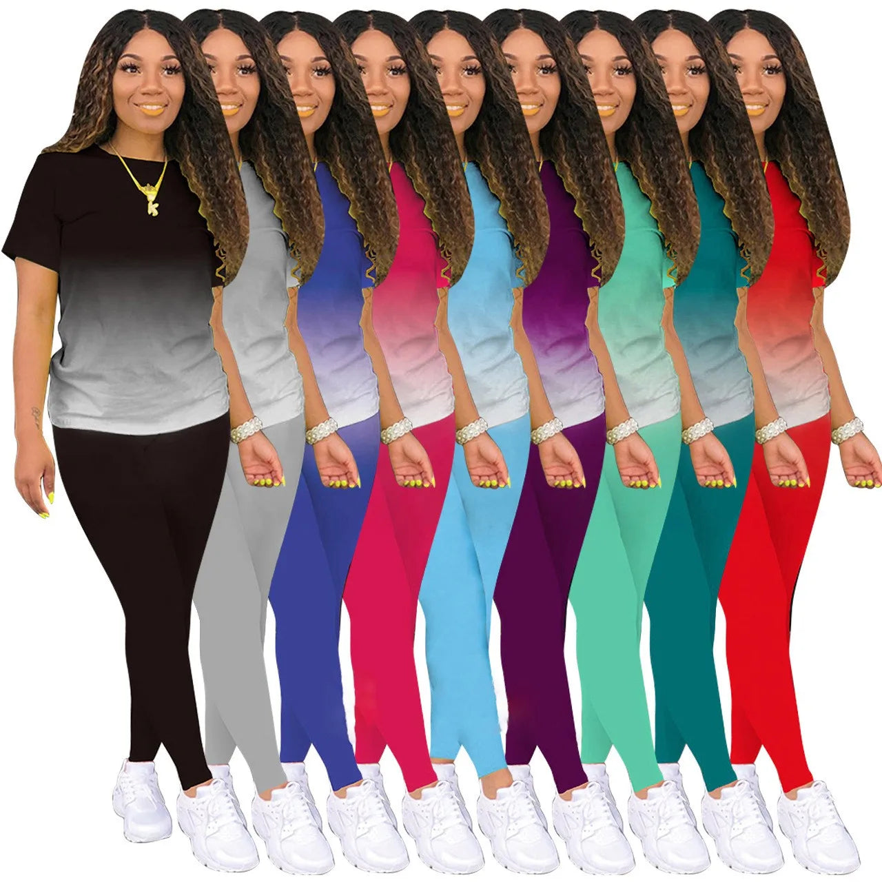M1125 New Arrivals Casual Two Piece Set Women Clothing Gradient Color Short Sleeve Outfit Sets Women Two Piece Pants Set
