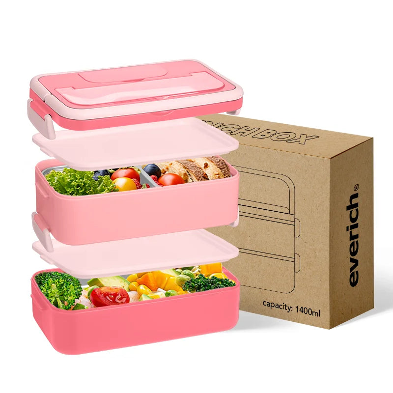 Everich Double Layer 304 Stainless Steel Lunch Box With Plastic Cutlery Sets Large Capacity Multi-Function Children Lunch Box