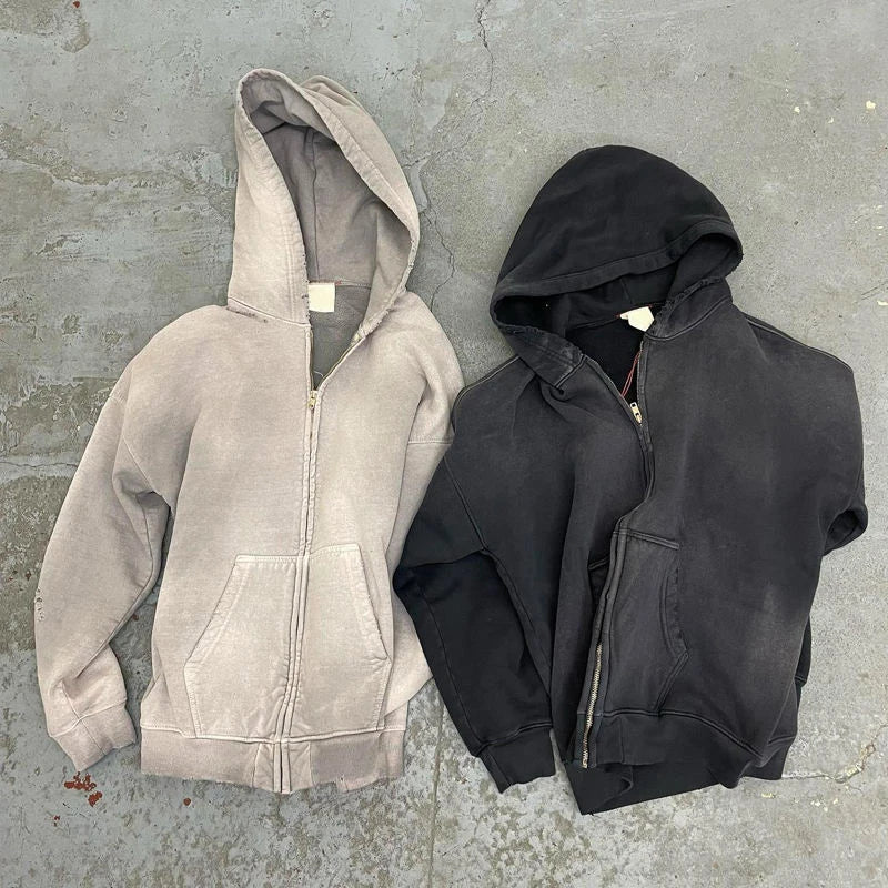 Custom Oversized French Terry No String Fleece Plain Blank Zip up Vintage Acid Wash Sun Faded Distressed Pullover Hoodies
