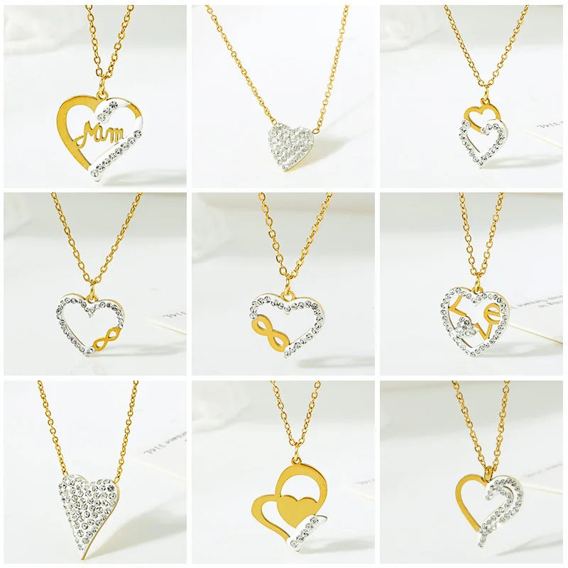 DAIHE Fashion Korean Zircon Heart Necklace 18k Gold Plated Stainless Steel Necklace Non Tarnish