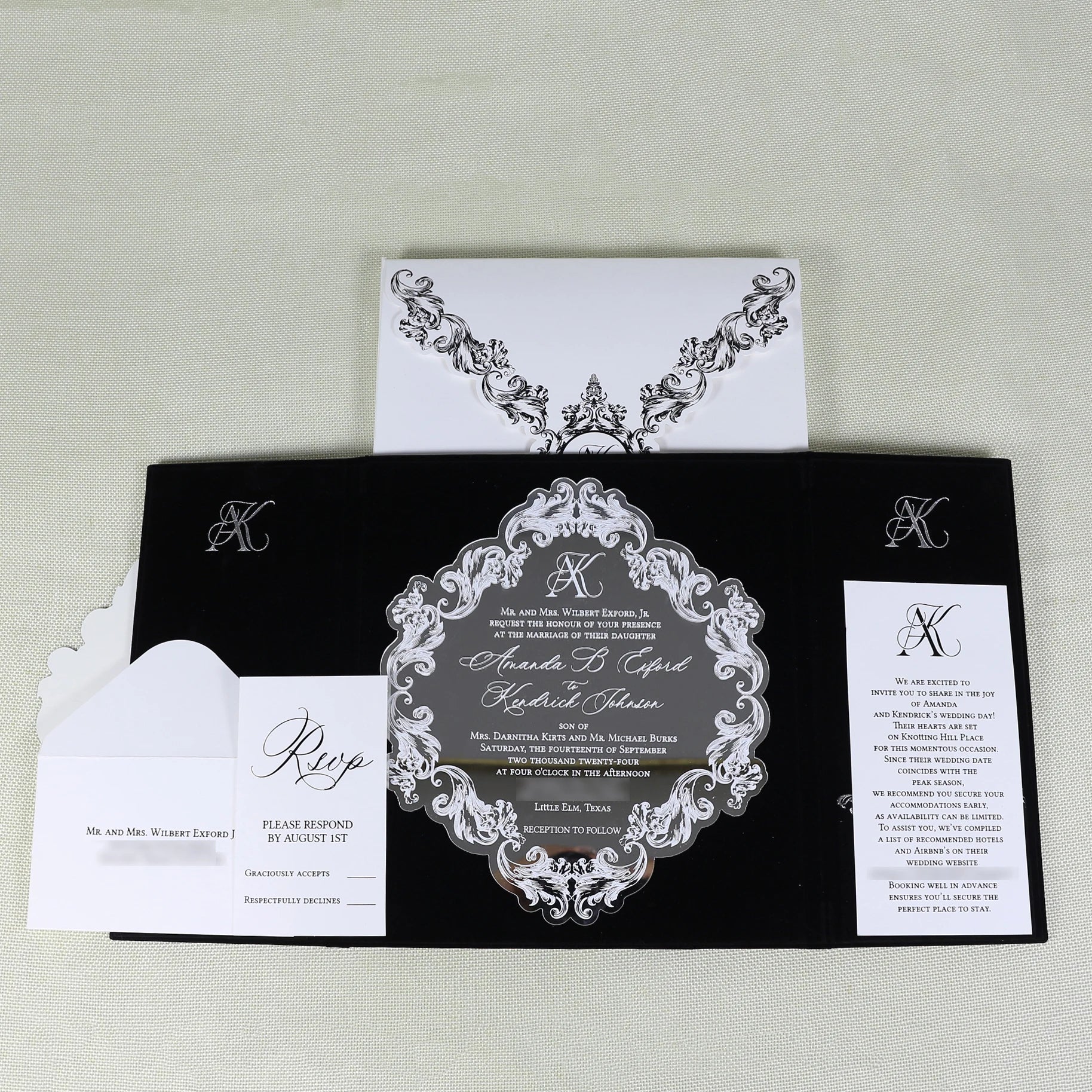 Dazzling Anime Black White Velvet Wedding Invitations Luxury DIY Customized Silver Mirror Acrylic RSVP Cards Envelope Made
