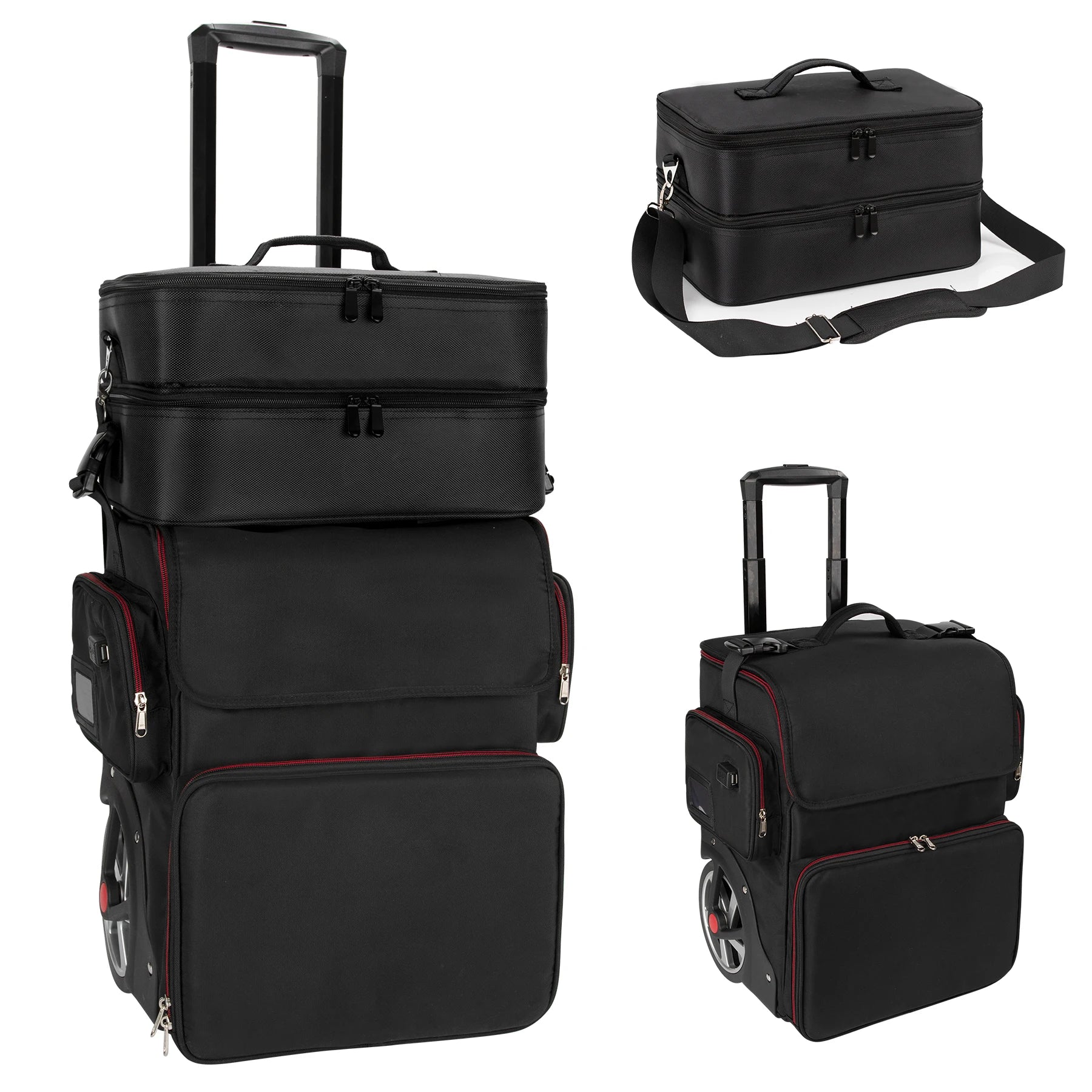 Relavel Large Makeup Train Case with Double Layer Cosmetic Case Hairdresser Bag with Detachable Case for Hairstylist