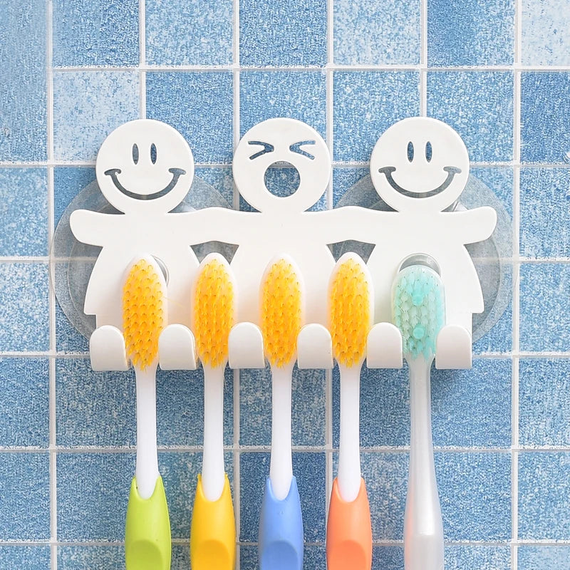 HelloWorld Bathroom Suction 5 Position Toothbrush Holder Rack Wall Mount Funny Smiling Face Toothbrush Stand Organizer