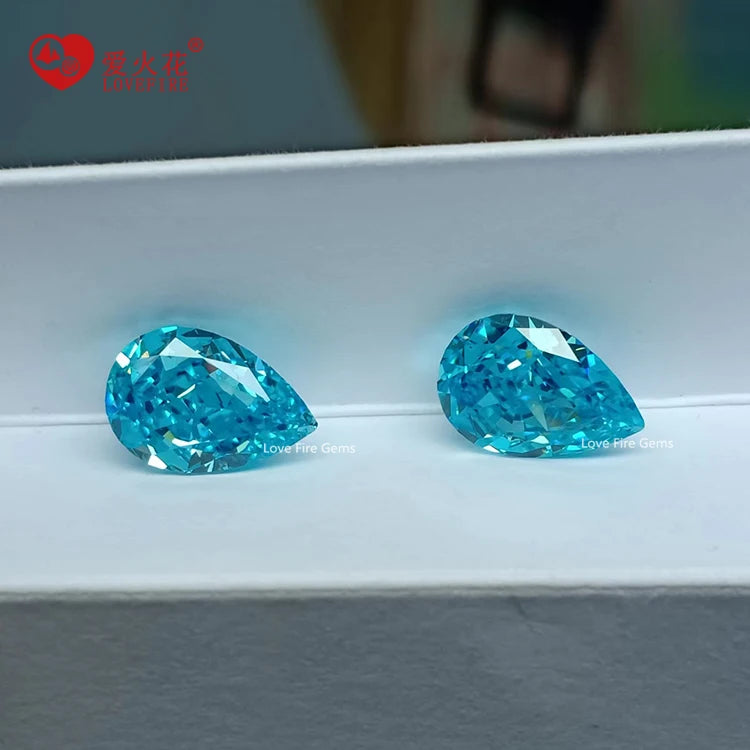 4K Pear Shape Crushed Ice Flower Cut Cz Stone Blue Color Synthetic Gemstones Cubic Zirconia