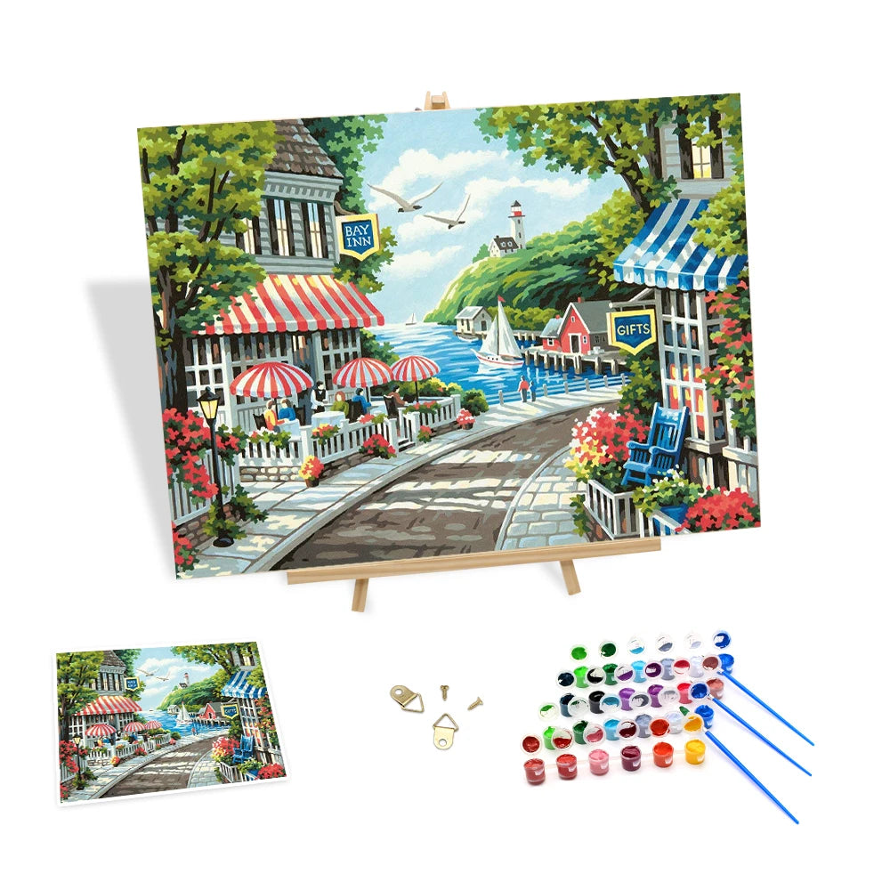 Diy Painting by Numbers for Adults Seashore Street Shops Hand-painted on Canvas Painting Kit Home Art Decor