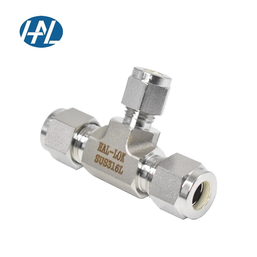 HAL-LOK SS316 Forged Polished Stainless Steel Compression Pipe Fittings Double Ferrule Reducing Tee for Tube 1/16 to 2in 25MPa
