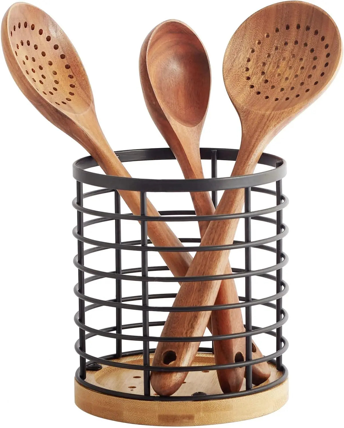 Custom Large Round Wooden Base Matte Black Modern Stylish Household Items Cooking Utensil Holder Organizer