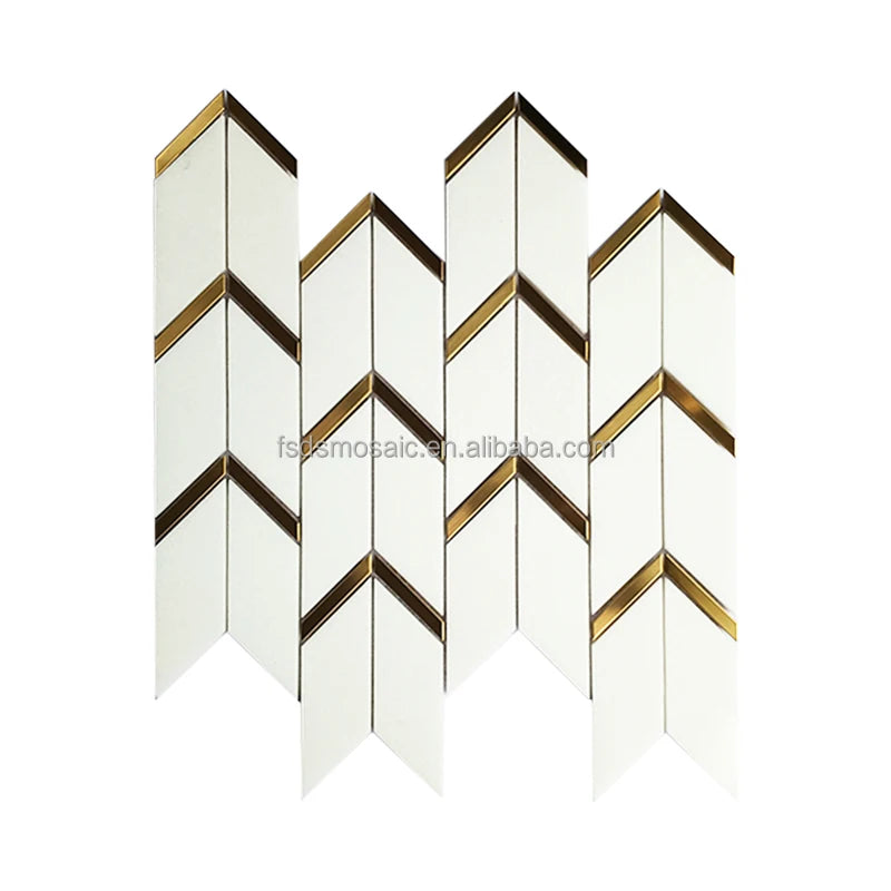 Low Price Gold Metal Chevron Carrara White Arrow Shape Marble Molding Mosaic for Hotel Interiors and Parquet Wall Flooring