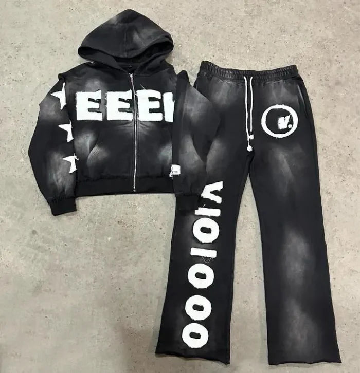 Custom Streetwear Acid Wash Men'S Sweatsuit Print Sun Faded Cropped Men Pullover Hoodie and Sweatpants Sets