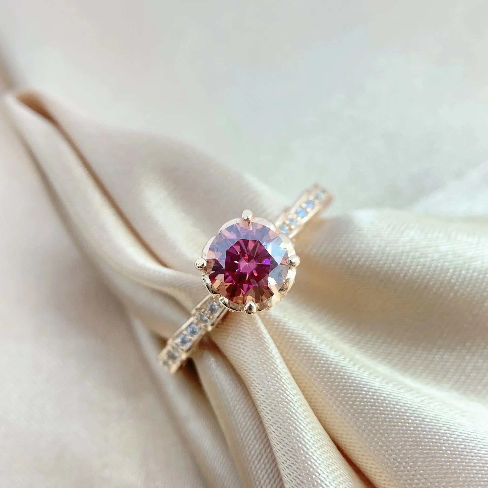 925 Sterling Silver Rose Gold Plated Prong Set Round Brilliant Cut Moissanite Wedding Ring for Women
