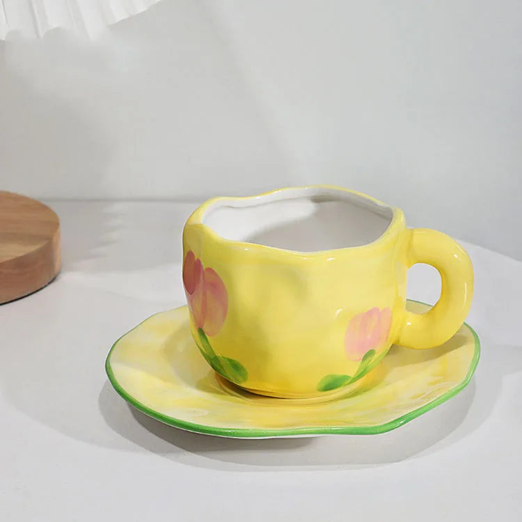 Vintage Yellow Tulip Hand Pinch Ceramic Coffee Cup and Saucer