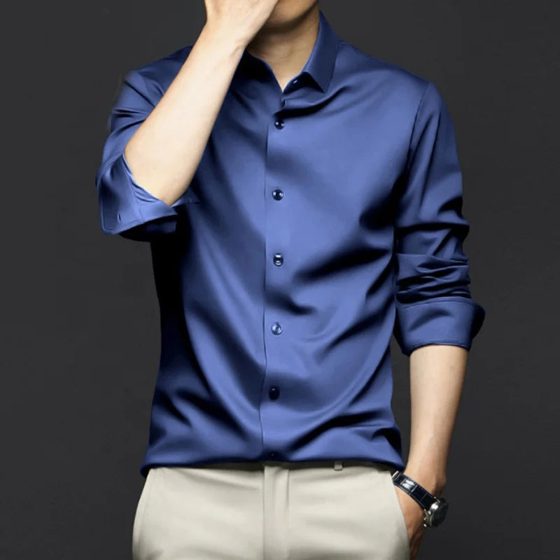 6XL Spring and Summer Formal Men's Long Sleeve Shirt Luxurious Wrinkle-resistant Non-iron Solid Color Business Casual Ice Silk