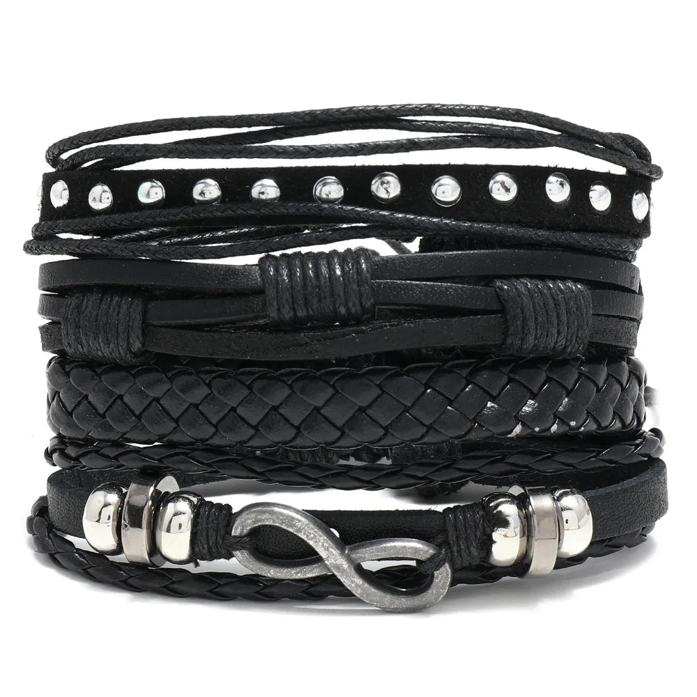 New Fashion Punk Rivet Leather Bracelets Set 4 Piece Men's & Women's Charm Jewelry Accessories