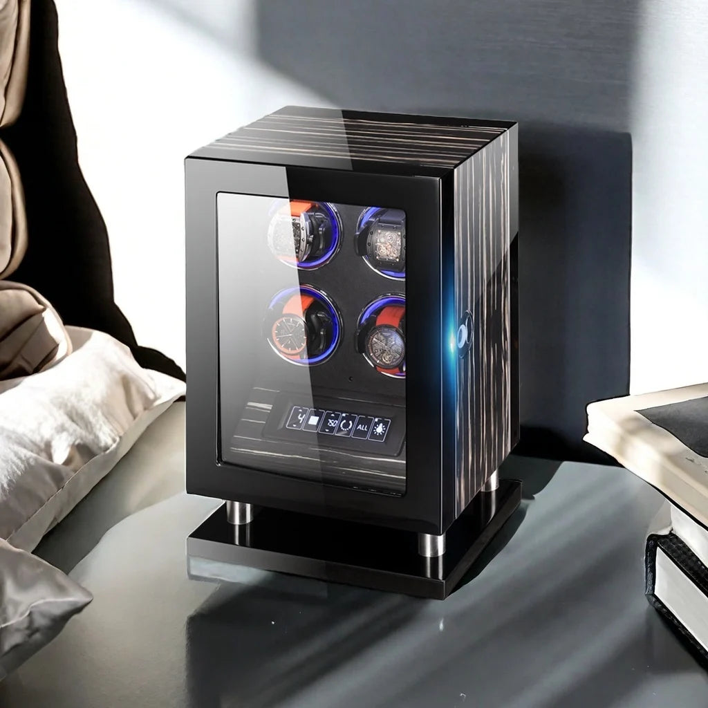 Embers Self Winding Wood Watch Winder Box with Protective Case Custom Logo Men's Black