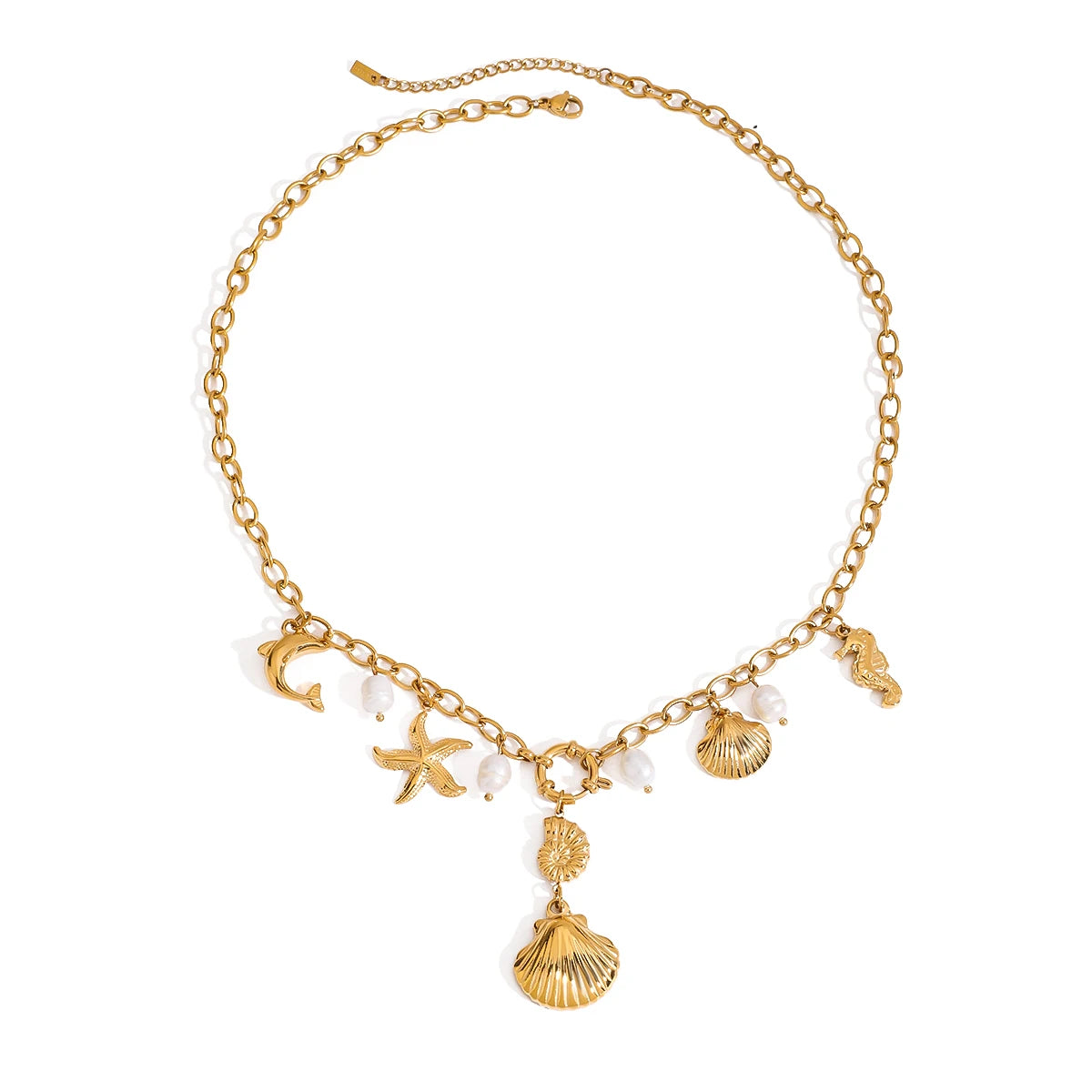 J&D Ocean Dophin Starfish Shell Pearl Summer Beach 18K Real Gold Plated Stainless Steel Charm Necklace