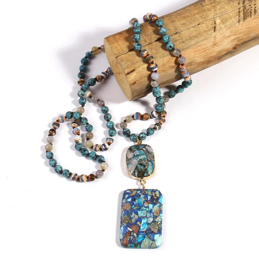 Bohemian Ethnic Style Handmade Jewelry 6/8mm Multicolor Emperor Natural Stone Beads Knotted Necklace Hexagon Drop Charm Necklace