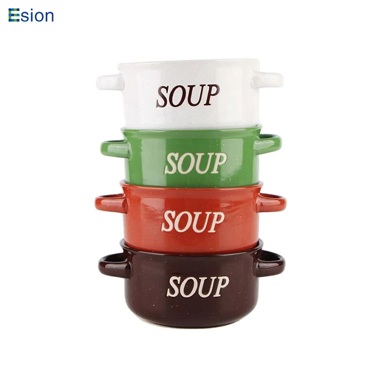 Hot Sale 5'' Color Glazed Stoneware Soup Bowl Printed Ceramic Ramen Bowl with Double Handle