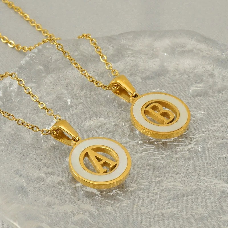 Summer New Stainless Steel Letter Necklace Round Hollow 26 English Letter Gold Titanium Steel Clavicle Chain Pendant