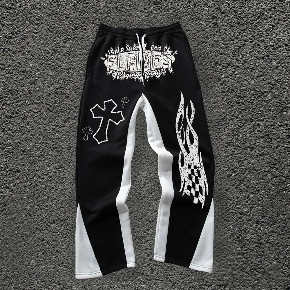 High Street Block Color Men's Flared Sweatpants Drawstring Mid-Waist Custom DTG Printing Sweatpants