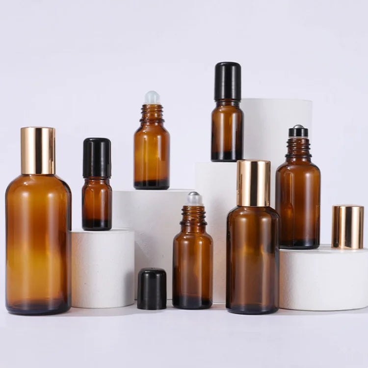 Free Sample Dark Cosmetic Packaging 18mm 15ml 30ml Glass Steel Roller Ball Brown Amber Essential Oil Bottle