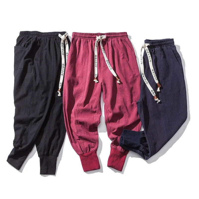 Cotton Linen Jogger Pants Men Streetwear Casual Harem Pants Male Trouser Solid Color Pants Oversized Men's Drawstring Clothing